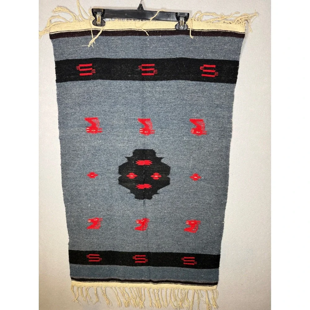 Southwestern Chimayo Handwoven Wool Rug Grey Red Geometric Tribal Wall Hanging